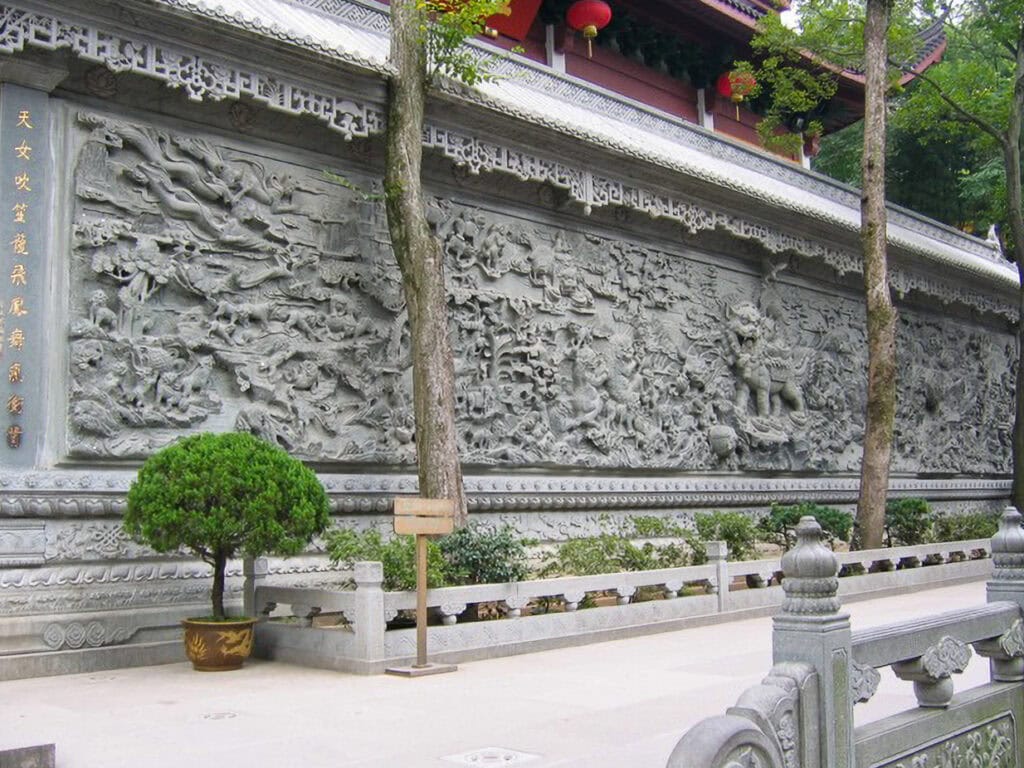 Intricate carvings at Lingyin Buddhist Temple near Hangzhou, China