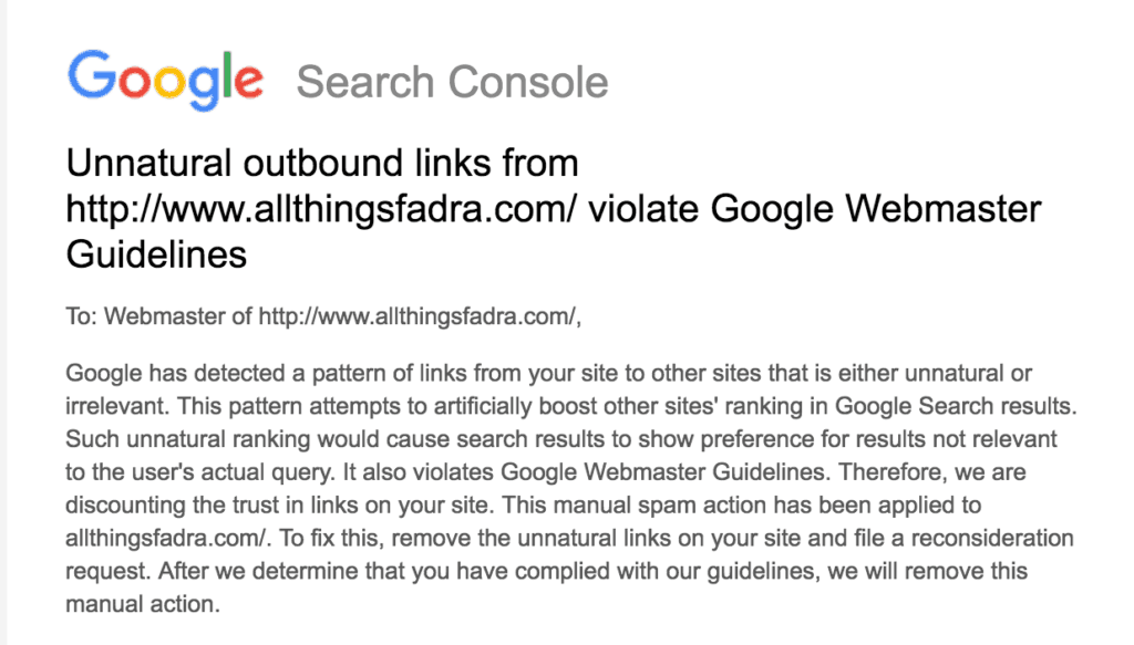Unnatural outbound link notice from Google