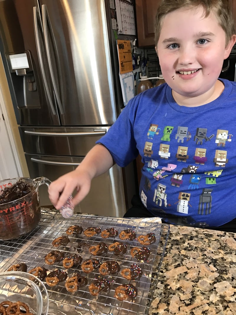 Evan making Chocolate Pretzel Treats