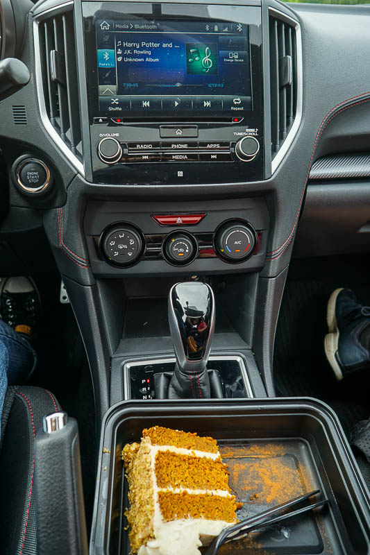 Eating carrot cake in the 2017 Subaru Impreza