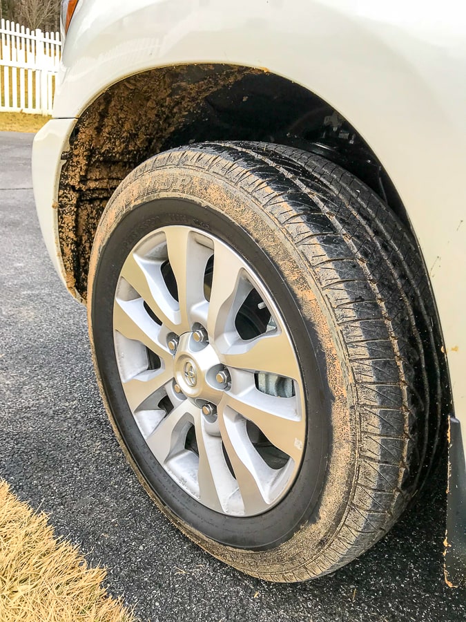 Muddy tire on Toyota Sequoia