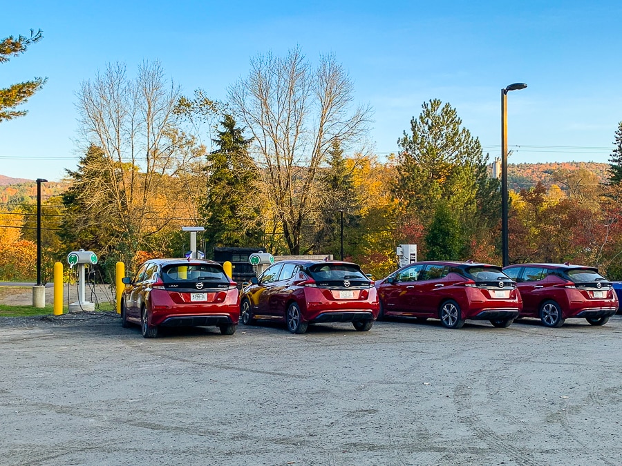 Nissan LEAF charging in a row