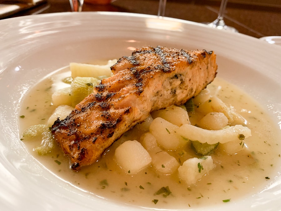 Antarctic salmon with fennel, leek, and potato brodie