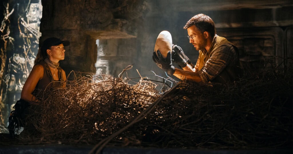 Scarlett Johansson and Jonathan Bailey in Jurassic World Rebirth; Courtesy of Universal Pictures