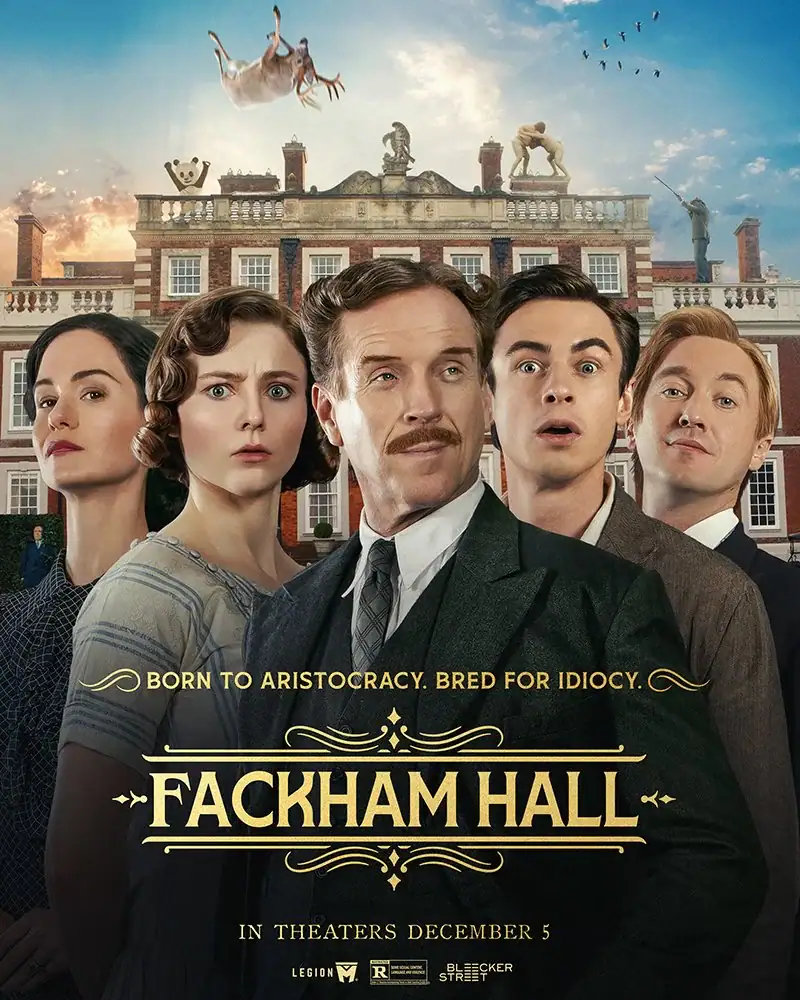 Elegant vintage mansion backdrop with cast of characters in period costumes.