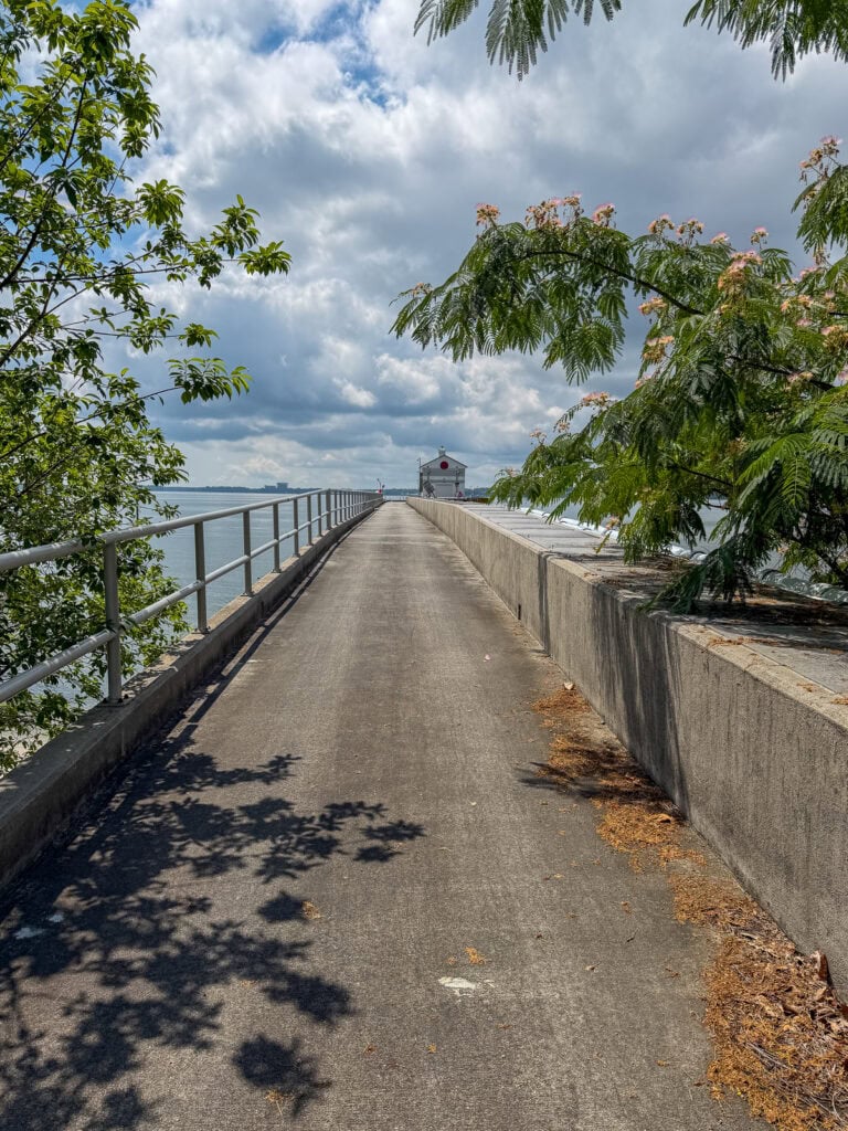 Path along the water in Gloucester with trees and cloudy sky.
