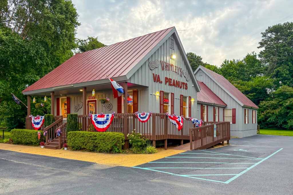 Historic peanut museum in Gloucester, Virginia with patriotic decorations.